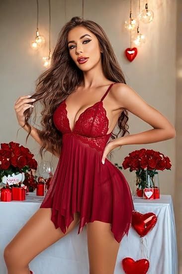 Immagine di Red Lace And Mesh Lingerie Babydoll Dress 2